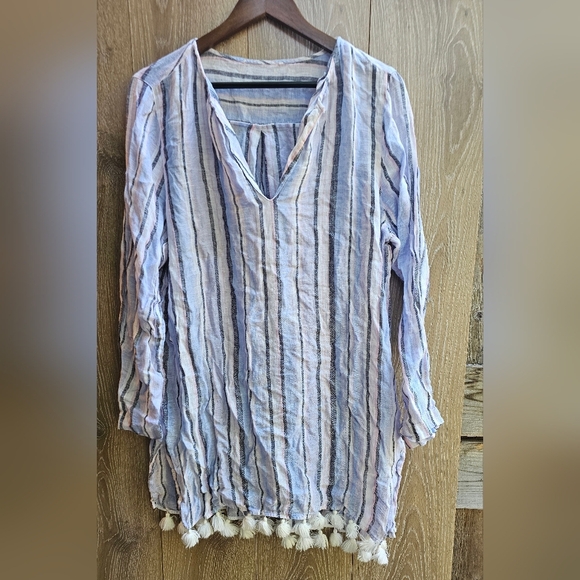 Linen Unique Pastel Striped V-Neck Tunic with Tassels - Picture 1 of 3